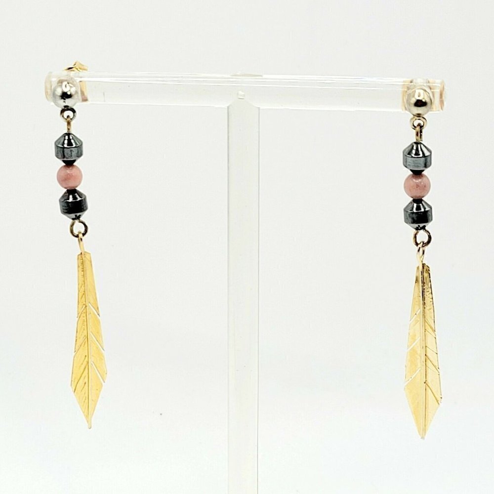 Artisan Native American Style Earrings Gold Tone Hematite Golden Feather 2..25"